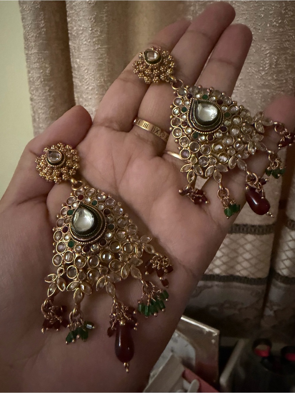 Traditional Gold-Tone Kundan Drop Earrings with Green and Red Accents